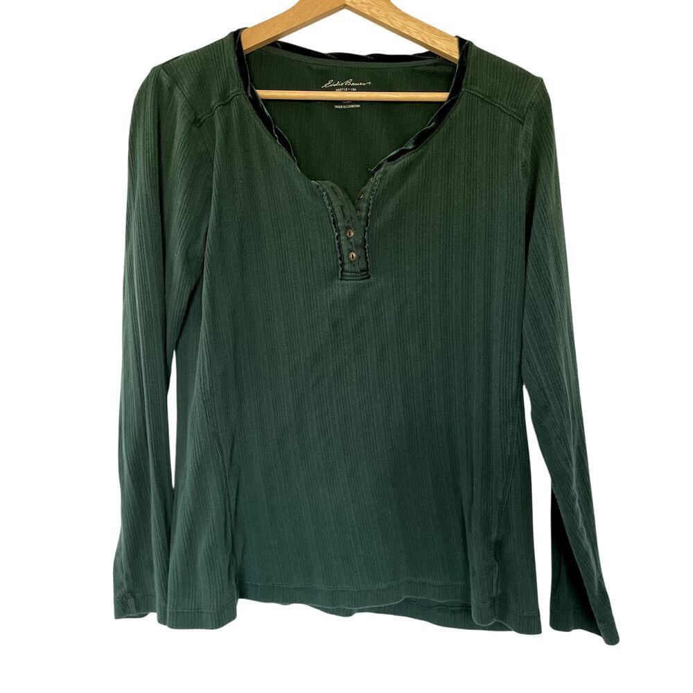 Eddie Bauer forest green turquoise women's size large long sleeved blouse cotton